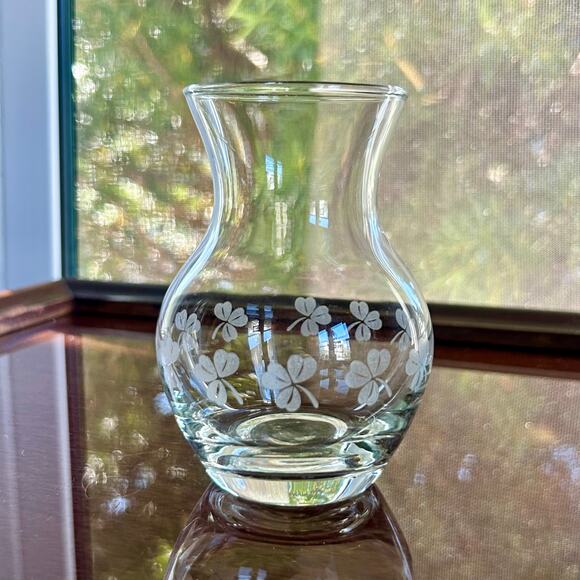 Vintage Etched Crystal Clear Glass Bud Vase with Clover Shamrocks – 4.5”H - Picture 3 of 10